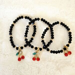 Black and Gold Beaded Stretch Bracelets with Glistening Red Cherry Charms - New!